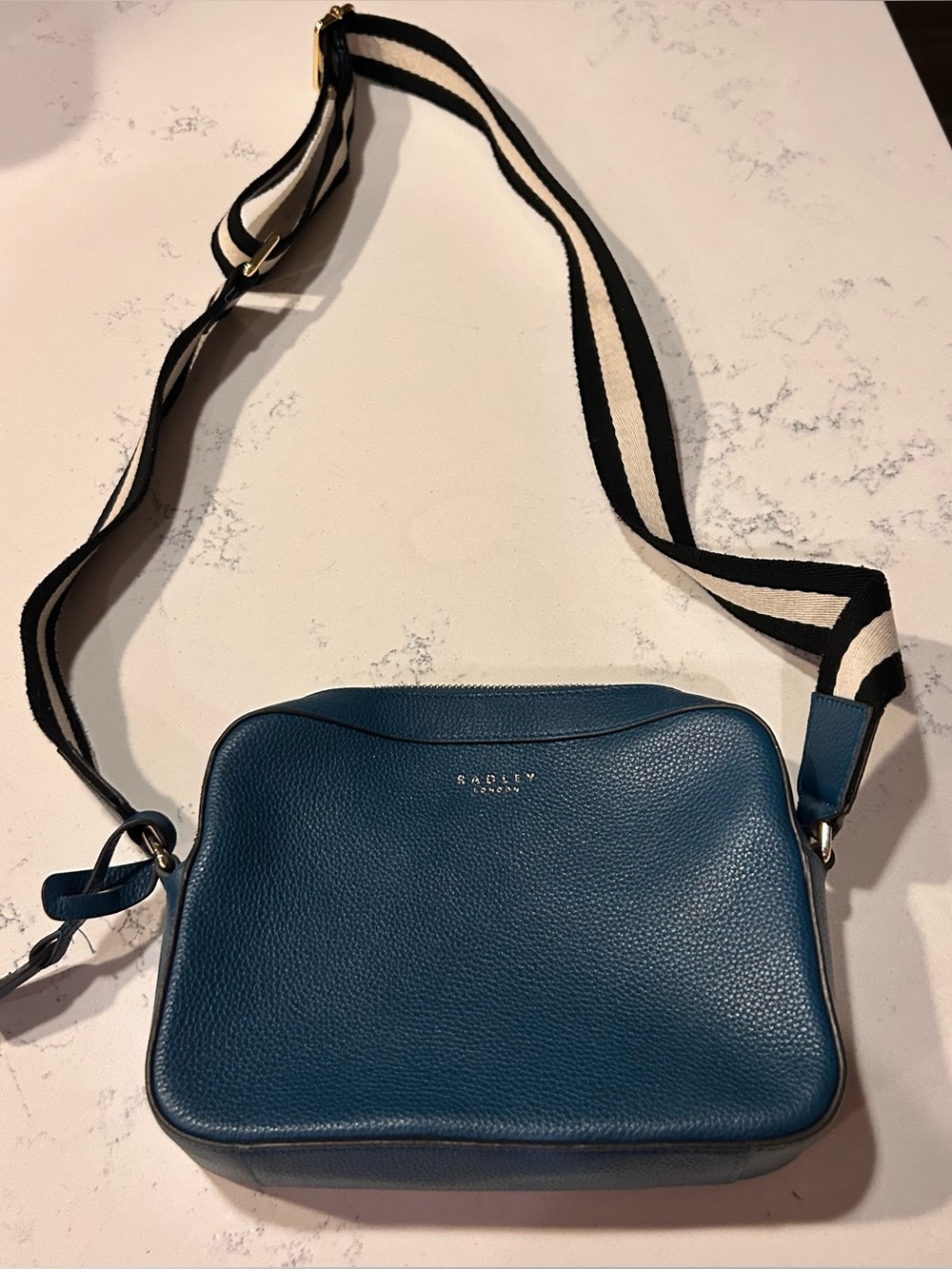 RADLEY LONDON Teal Blue Pebbled Leather Crossbody Bag with Stripe Strap